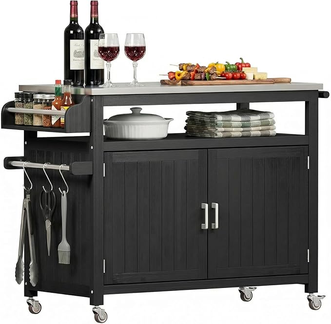 FUQARHY 43.3-Inch Outdoor Kitchen Island with Storage Cabinet and Stainless Steel Top, Solid Wood Prep Station Grill Table with Lockable Wheels for Patio, Backyard, Party (Black)