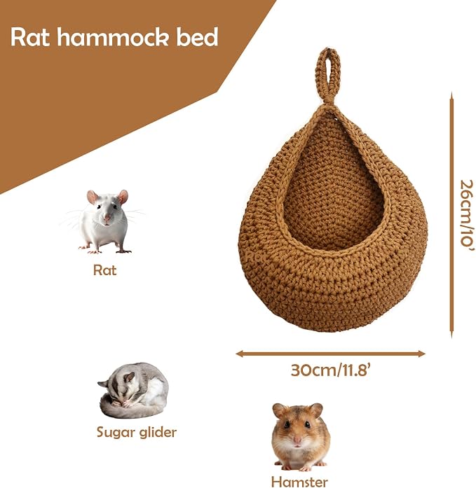 Small Pet Hammock Bed for Rats, Sugar Gliders, Rat Toys Soft Hanging Sleeping Hideout for Cage, Washable Comfortable Nest as Rat Cage Accessories，Brown