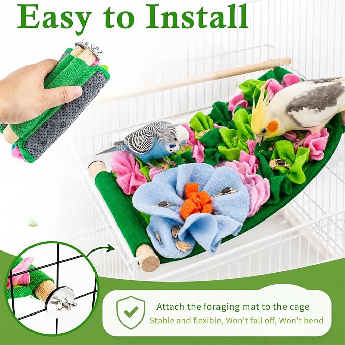 FlidRunest Bird Cotton Fabric Foraging Mat, Parrot Foraging Hammock Bed | Parakeet Enrichment Toy With Hidden Treat Flowers, Soft Fleece Feeding Mats Puzzle for Budgies, Conure