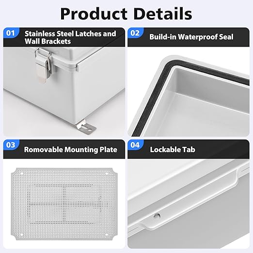 Waterproof Outdoor IP67 Junction Box (5.9"x3.9"x2.8") with Mounting Plate, Hinged Grey Cover and Wall Brackets - Weatherproof ABS Plastic Electrical Enclosure for DIY Projects (150x100x70mm)