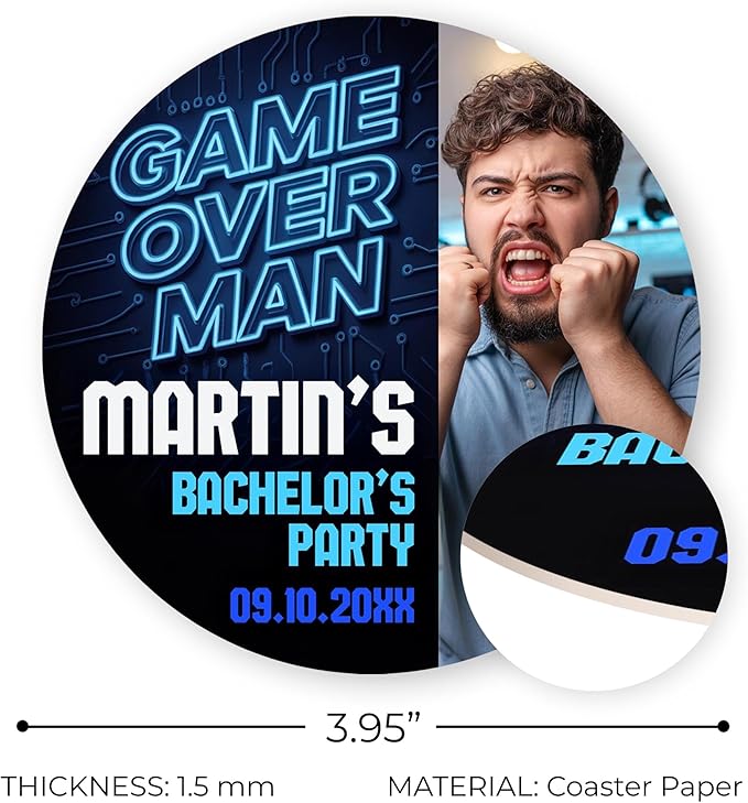 100 Pack Personalized Bachelor Party Coasters, Custom Cardboard Drink Coasters with Photo Print and Text, Fun Bachelor Party Favors and Gifts, 3.95" Round, Design 6
