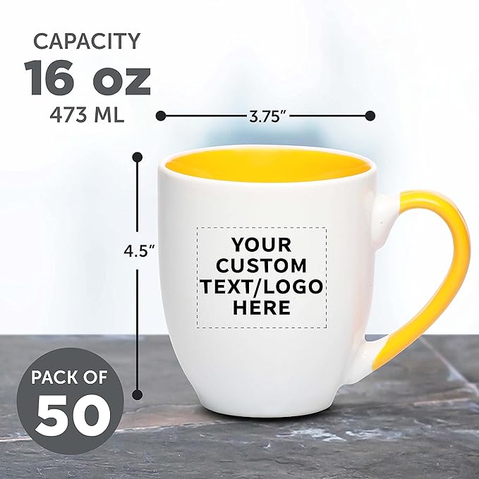 Custom Bistro Style Large Coffee Mugs 16 oz. Set of 50, Personalized Bulk Pack - Perfect for Coffee, Tea, Espresso, Hot Cocoa, Other Beverages - Yellow