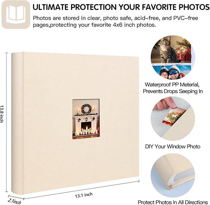 Photo Album 4x6 600 Photos with Writing Space,4 x 6 Photo Book Linen Cover with Front Window, 4x6 Picture Album 600 Photos Photo Album Book for Wedding Kids Travel Family Baby Pictures (Beige)