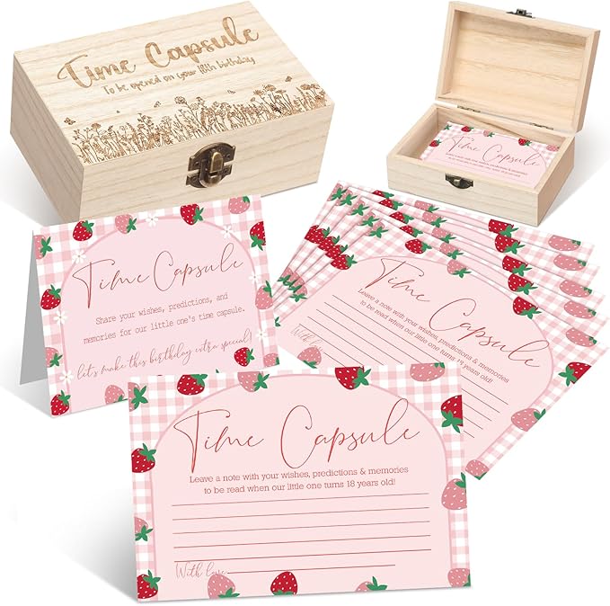 Fuutreo Time Capsule Box 1st Birthday Baby Time Capsule First Birthday Party Games, 1st Activities for Guests, Advice and Wishes Cards Gift Keepsake for Baby Shower Party Supplies(Strawberry)