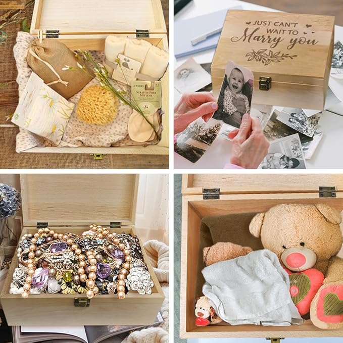 arricraft 1 Pc Wedding Wooden Memory Keepsake Box, Just Can't Wait to Marry You Memory Box with Hinged Lids Boudoir Photo Boxes for Home Storage Keepsake Chest for Anniversary, Memory, Valentines Day