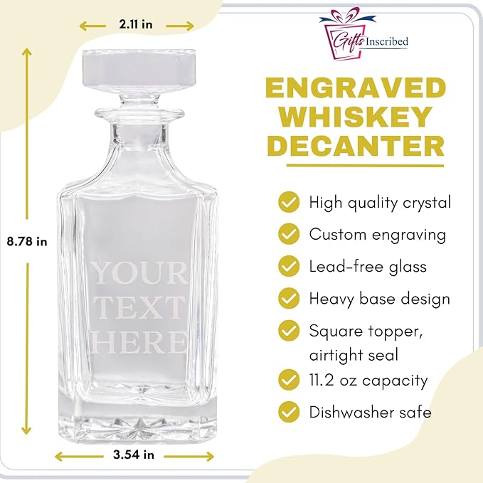 Gifts Inscribed Personalized Whiskey Decanter Set - Engraved Whiskey Decanter Bottle & Set of 4 Custom Drinking Glasses Laser Etched - Customized Whiskey Gift for Wedding, Anniversary, Birthday, Dad