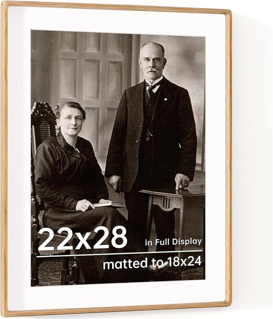 22x28 Frame with Mat to 18x24 Picture Frames USA-Sourced Natural Solid Oak Wood Handcrafted Rounded Corner Display with Real Glass Family Picture, Wedding Photo