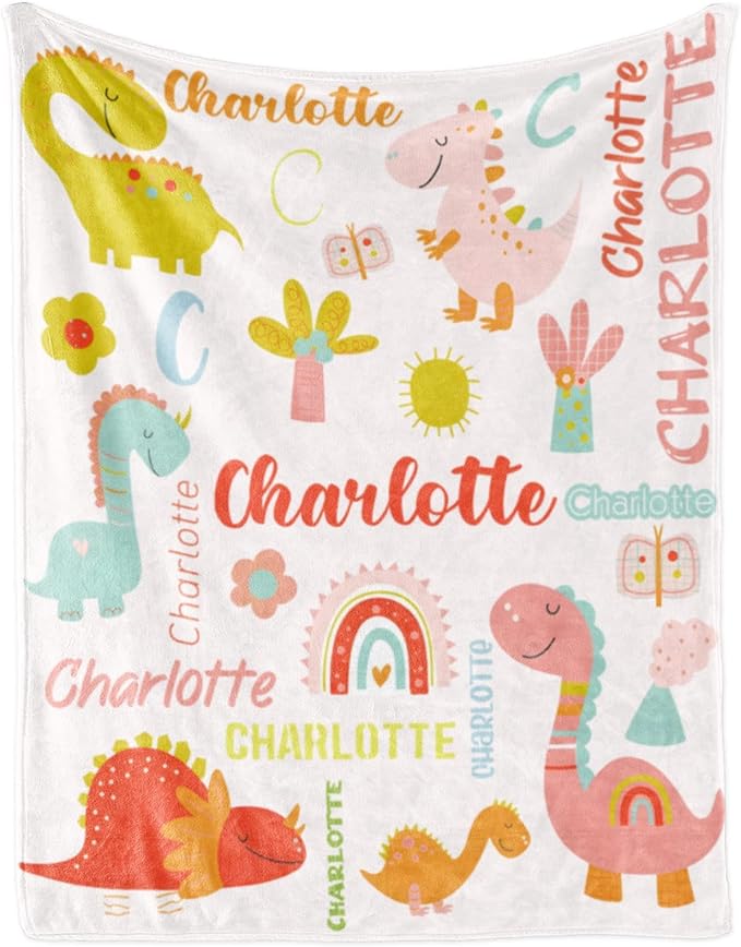 Personalized Dinosaur Blanket with Name for Girl, Custom Name Blanket for Kids, Soft Flannel Pink Dinosaur Toddler Blanket Customized Gift for Birthday Christmas Baby Shower Newborn Gift 60" X 80"