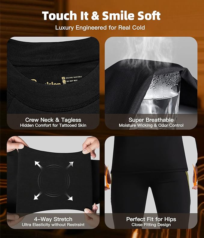 romision 2 Pack Thermal Underwear for Men Long Johns Fleece Lined Hunting Gear Bottom Top Set Base Layer Cold Weather XS-4XL
