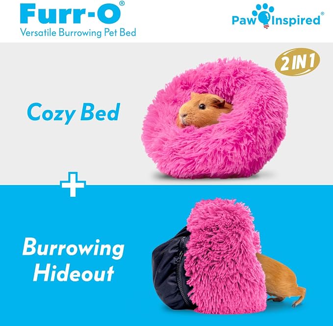Paw Inspired Furr-O Burrowing Pet Bed Enrichment, Removable Base, Pink | Cozy Carrier Toy, Zip-On Spandex and Fleece Bottoms, Hideout Cage Accessories for Guinea Pigs, Hamsters, Small Pets, Animals