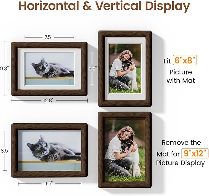 9x12 Picture Frame Natural Oak Wood From California-USA Walnut Color Finished with Real Tempered Glass, Handcrafted 9 x 12 Photo Frame Matted to 6x8 Wedding,Family,Graduation Picture on Table & Wall
