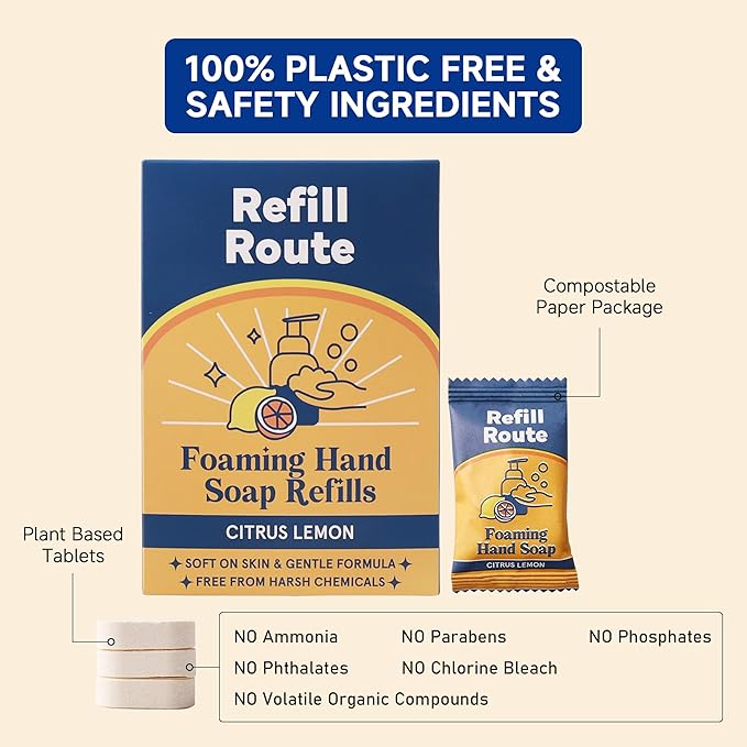 Foaming Hand Soap Refill Tablets 12 Pcs - Makes 96 fl oz Total (12x 8 fl oz) - Cleansing, Moisturizing, Vegan, No Plastic - for Foaming Dispenser Only (Not Included) - Citrus Lemon