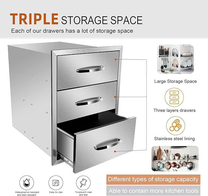 Outdoor Kitchen Drawers Stainless Steel 18W X 23H X 23D Inch, Flush Mount Triple BBQ Island Drawers with Handle for Outdoor Kitchens, Patio or Grill Station