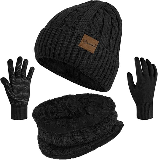 Loritta 3 Pieces Winter Hats for Women Scarf Touch Screen Gloves Set Thick Warm Fleece Lined Beanie Hat Gifts