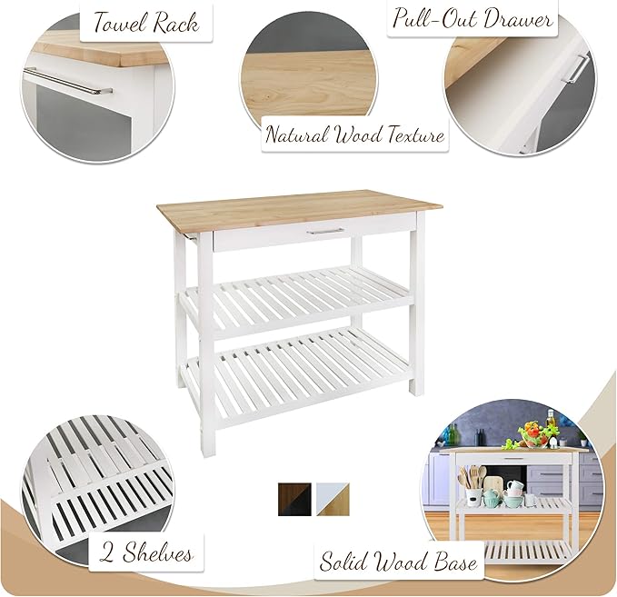 Casual Home Solid Wood Kitchen Island, Natural Maple Top, White Base (New) 40*20*36.5inch