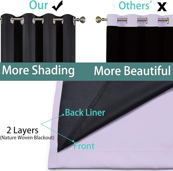 Yakamok 2 Thick Layers 100% Completely Blackout Window Curtains,Thermal Insulated Noise Reducing Drapes for Girl's Bedroom(62Wx63L, Lilac, 2 Panels)