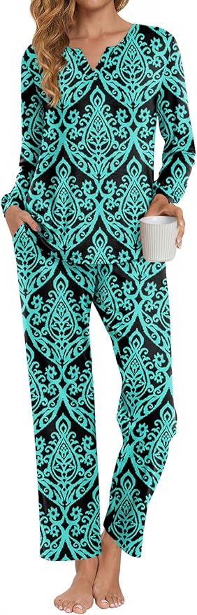 Anyally Women's Plus Size Pajama Sets Ladies Fall Pjs 2 Pieces Lounge Outfits V Neck Long Sleeves Sleepwear with Pockets