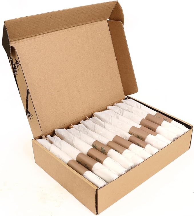 Prerolled Bamboo Cutlery-25 Pack (6.7" 25 Forks 25 Spoons 25 Knives 25 Napkins) Individually Wrapped Forks Spoons and Knives Set Disposable Compostable for Wedding/Camping