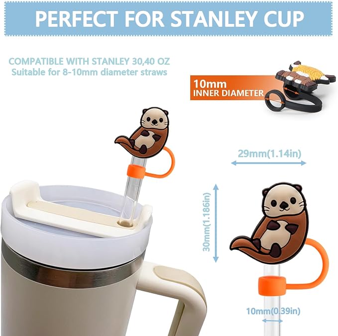 Animal Straw Toppers For Stanley Cups;Straw Covers Cap Toppers Compatible With Stanley 30&40 Oz Tumbler, Reusable & Silicone Tumbler Straws Topper For 0.4 Inch Tips Animal Lover Gifts (Otter)
