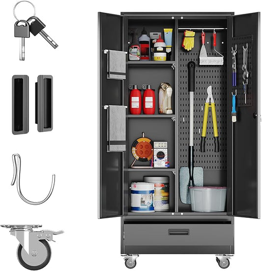 Broom Closet Storage Cabinet with Wheels and Drawer,Garage Storage Cabinet with Magnetic Doors,Pegboard and Adjustable Shelves for Garage Home,Required Assembly,Black