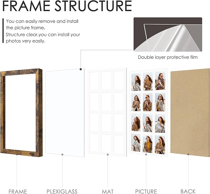 14x26 Collage Picture Frame 4x6 Collage Picture Frame Displays Twelve 4x6 inch Photos Available Horizontal Wall Mounting Display and Vertical Brown
