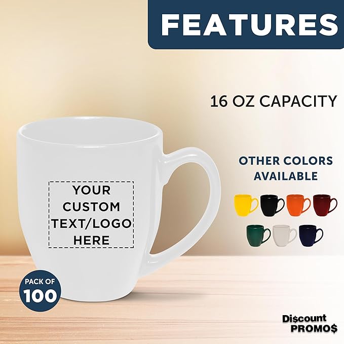Custom Large Coffee Cups 16 oz. Set of 100, Personalized Bulk Pack - Perfect for Tea, Espresso, Cappuccino, Hot Cocoa - White