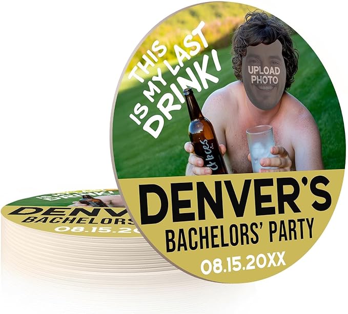10 Pack Personalized Bachelor Party Coasters, Custom Cardboard Drink Coasters with Photo Print and Text, Fun Bachelor Party Favors and Gifts, 3.95" Round, Design 5