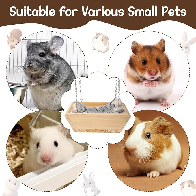 Large Wooden Hanging Bed with Plush Mat, Hammock for Chinchilla Rat Guinea | Large hanging wooden bed, Soft plush mat included, Hammock-style design, Small animal cage accessories resting nest