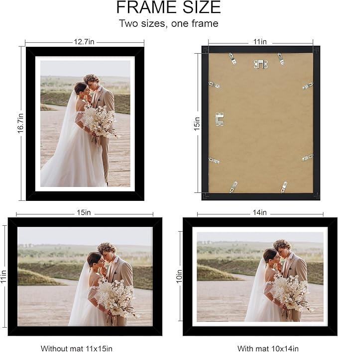11x15 Picture Frame Set of 4, Made of Real Glass and Black Frame - Display Picture 10x14 with Mat or 11x15 Without Mat, 11 by 15 Photo for Wall Mounting