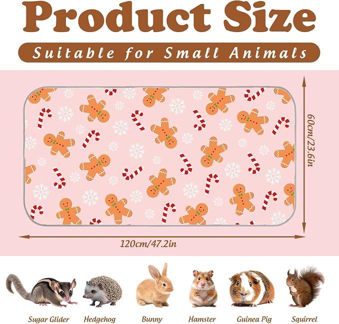 JarThenaAMCS 3 Pcs Christmas Guinea Pig Pee Pads Reusable Bunny Squirrel Mat Pink Candy Cane Gingerbread Man Washable Small Animal Cage Liner for Hamster Chinchilla Ferret Accessory, 24 x 47 in