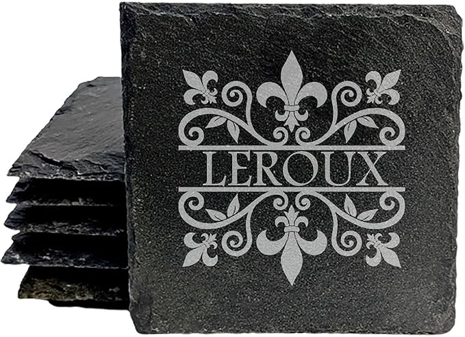 A Touch of Class: Personalized Fleur de Lis Coasters with Monogram - Square Slate - Set of 8