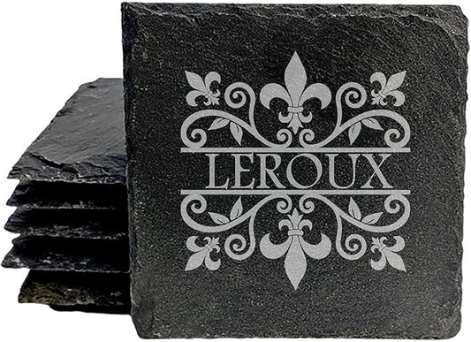 A Touch of Class: Personalized Fleur de Lis Coasters with Monogram - Square Slate - Set of 8