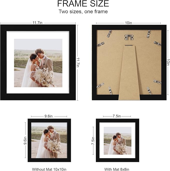 10x10 Picture Frame Set of 4, Made of Real Glass and Black Wooden Frame - Display Picture 8x8 with Mat or 10 x 10 Without Mat, 10 by 10 Photo for Wall or Tabletop