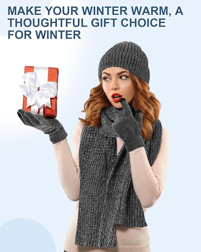 Geyoga 6 Pcs Winter Knit Set Beanie Hat Long Scarf Touchscreen Gloves Ear Muff Socks Warm Valentine Gift for Women Men Snow(Dark Grey,Classic Style)