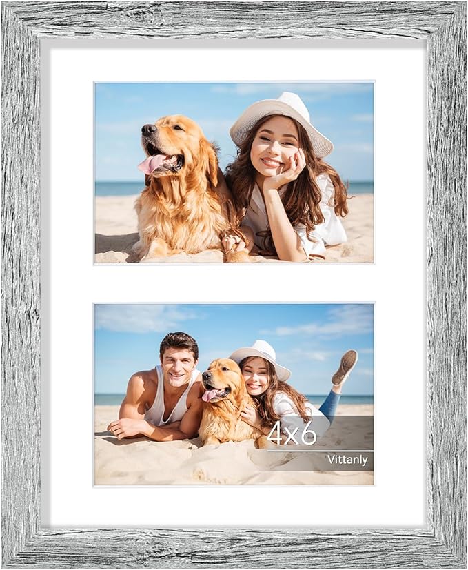 Vittanly 8x10 Collage Picture Frame, Displays 2Pcs 4x6 Pictures with Mat or 1Pcs 8x10 without Mat, Photo Frame for Wall Mounting or Table Top with Stand, Grey, 1 Pack
