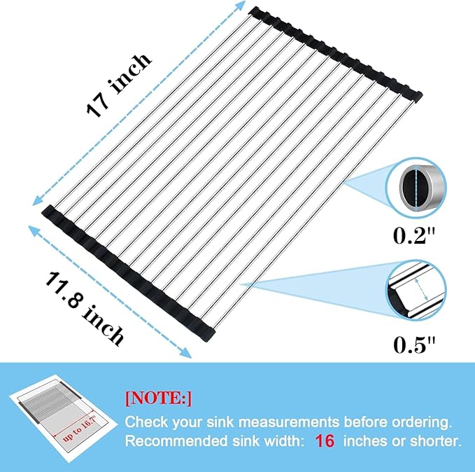 Seropy Roll Up Dish Drying Rack Over The Sink Drying Rack for Kitchen Counter, Rolling Dish Rack Over Sink Mat, Foldable Dish Drainer Stainless Steel Rack Kitchen Organization Gadgets Black 17"x11.8"