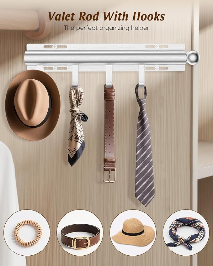 Valet Rod for Closets, 12" Valet Rod With 4 Hooks, Closet Organizer Slide Out Clothing Hanger Rods Extender Perfect for Suits,Dresses,Belt,Tie, Black