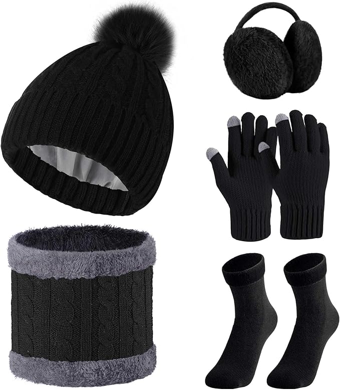 SATINIOR 5 Pcs Winter Satin Lined Hat Scarf Gloves Set Knit Pompom Beanie Warm Touchscreen Glove Earmuff Ear Warmer for Women