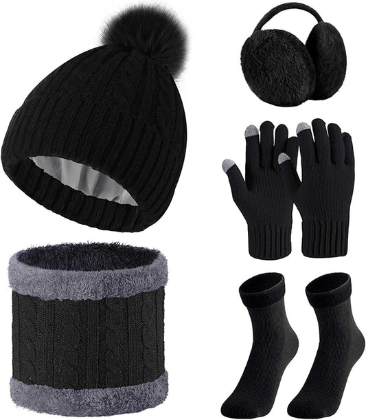 SATINIOR 5 Pcs Winter Satin Lined Hat Scarf Gloves Set Knit Pompom Beanie Warm Touchscreen Glove Earmuff Ear Warmer for Women