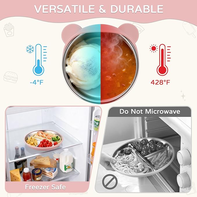 Toddler Plates and Bowls Set Stainless Steel - Bathchef Baby Feeding Set Strong Suction, BPA Free Durable Divided Plates, Safe Self Baby Feeding Utensils,Cup,Spoon,Fork,Dishwasher Safe,6pcs,Pink