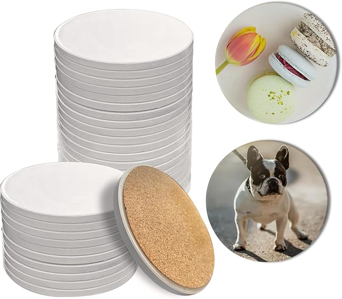 Sublimation Ceramic Coasters Blanks Bulk Round Drinks Table Coaster, Absorbent Ceramic Coaster Set, Heat Transfer Cup Coasters for Home Decor with Cork Backing Pads 30 Pack