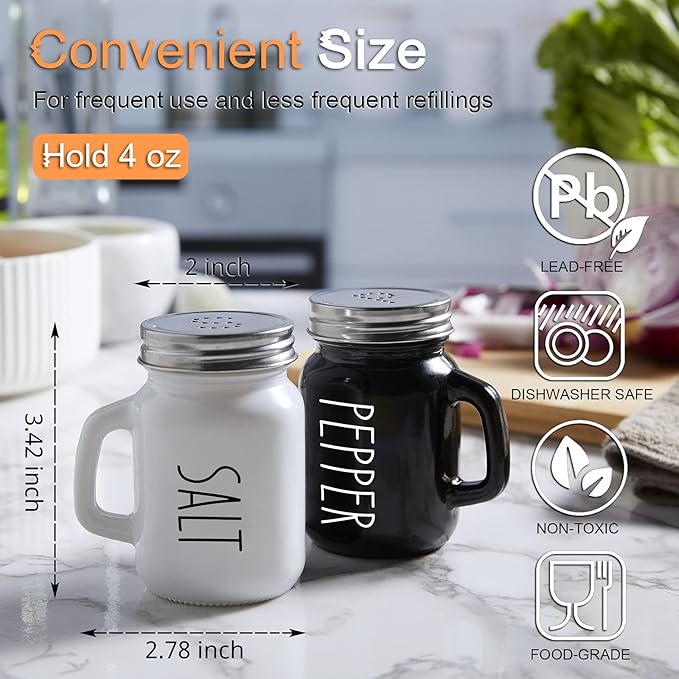 Salt and Pepper Shakers Set, ZOSUJO 4 oz Cute Salt Pepper Shaker, Kitchen Decor for Home Restaurants Wedding, Glass Black White Shaker Sets with Stainless Steel Lids