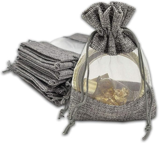 12-Pack Small Linen Burlap & Organza Gift Bags w. Drawstrings (3.5x5.5 in, Gray) - Party Favors, Presents, Samples & Treats Mesh Pouch by The Display Guys