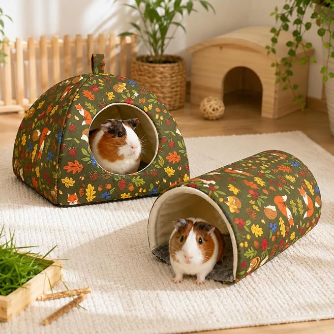 Guinea Pig Hideout Tunnel Set, 2 Pack Washable Small Animal Bed with Removable Cushion, Hamster Hideout Play Tunnel Toys for Guinea Pigs, Hamsters, Hedgehogs, Ferrets, Green Forest