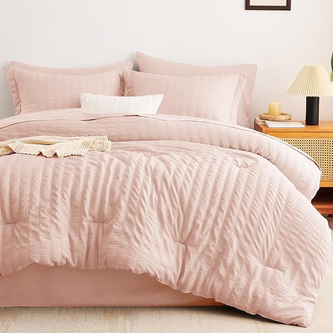 CozyLux Queen Comforter Set Blush Pink Seersucker 7 Pieces Bed in a Bag Queen Comforter Set with Sheets, Luxury Soft Bedding Set with Down Alternative Comforter, Sheets, Pillowcases & Shams All Season