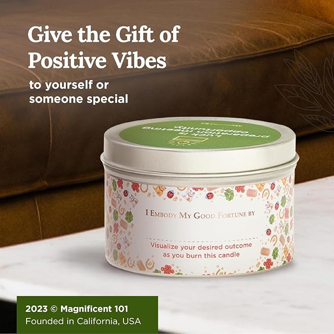 MAGNIFICENT 101 Good Vibes Manifestation Candle - 6 oz Light Brown Soy Wax Tin - Sage & Sandalwood Scented Candle for Chakra Healing & Luck