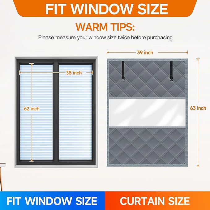 Winter Visible Insulated Window Curtain 39"x63", Oxford Cloth Thermal Insulated Window Cover with Buckles,Heavy Duty Window Insulation Kit Fits Windows up to 38"x62",Grey