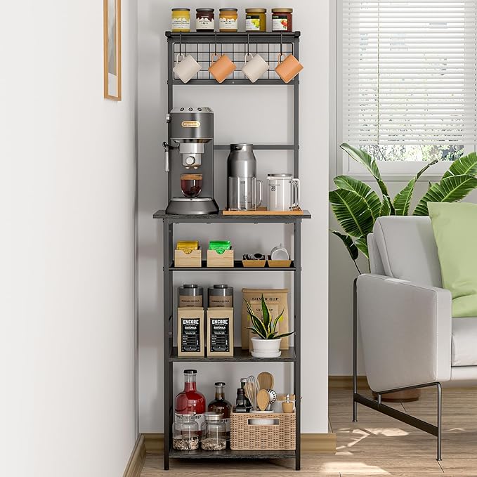 5 Tier Coffee Bar Station, Kitchen Stand with 4 S-Shaped Hooks, Farmhouse Corner Coffee Bar for Small Spaces, Bakers Rack for Kitchen, Entryway, Living Room, 13.43"D x 18.93"W x 53.31"H,Gray