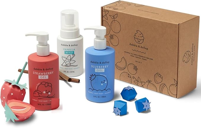 Dabble & Dollop USA Bundle, 3-in-1 Natural Bubble Bath, Body Wash & Shampoo for Kids, Paraben & Sulfate Free, Vegan, Tear-Free, Strawberry, Vanilla & Blueberry (Set of 3)
