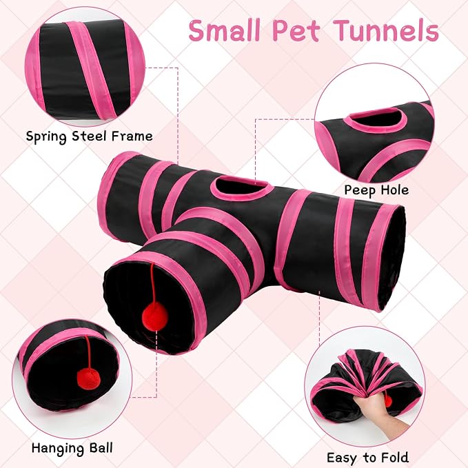 Rypet Guinea Pig Tunnel Hideout 3-Way Collapsible Pet Tubes, Red Black | 3 Way Design for Exploration, Collapsible for Easy Storage, Built-in Play Ball, Hiding & Resting for Hamsters Ferrets